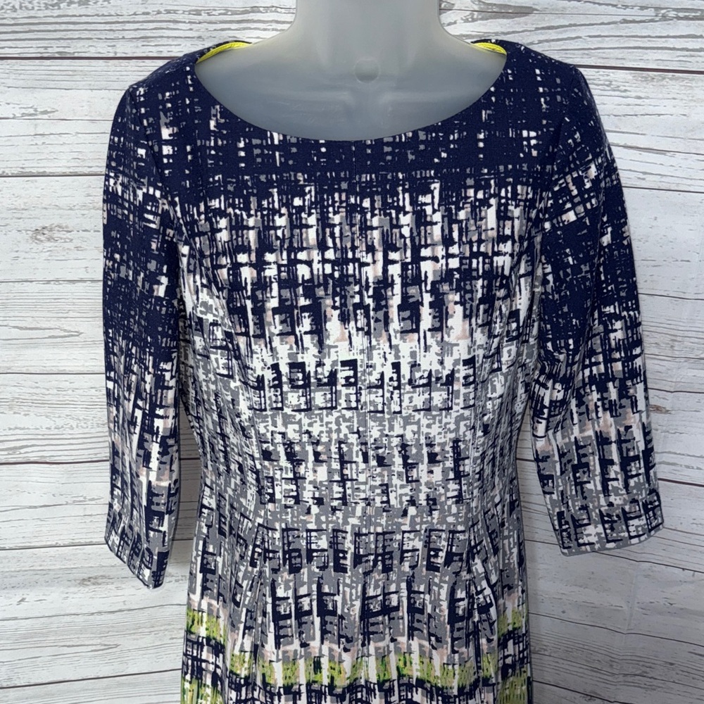 Vince Camuto Purple & White Printed Dress Lime Green Accent & Pockets size 6